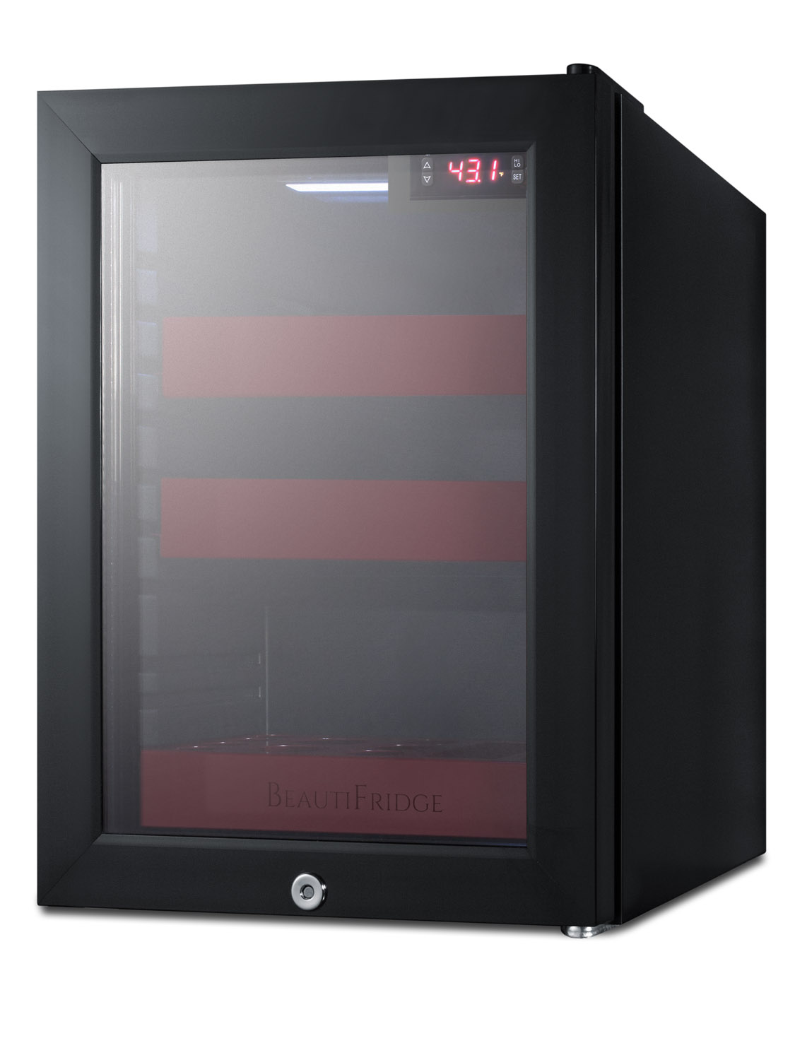 BeautiFridge compact cosmetics cooler with glass door, black cabinet, lock, glossy ruby-colored shelves, and digital controls set for the storage of beauty products